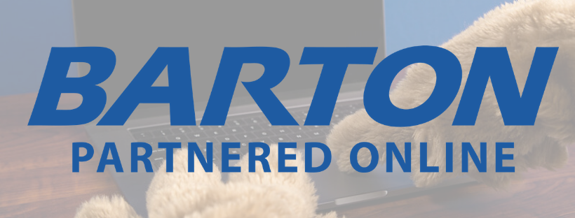 Barton Partnered Online logo in blue over photo of cougar paws typing on laptop