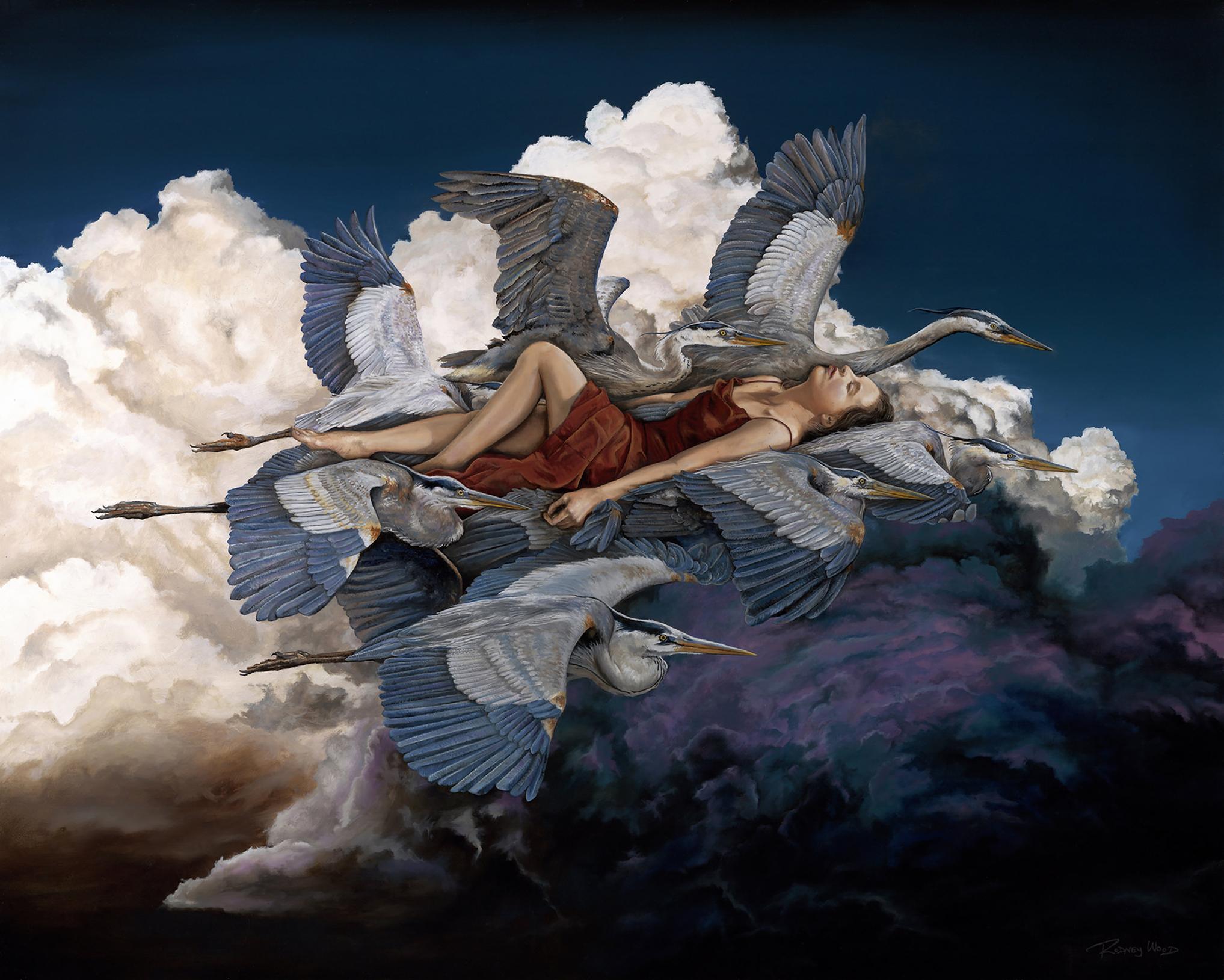 painting of women in clouds being flown around by birds