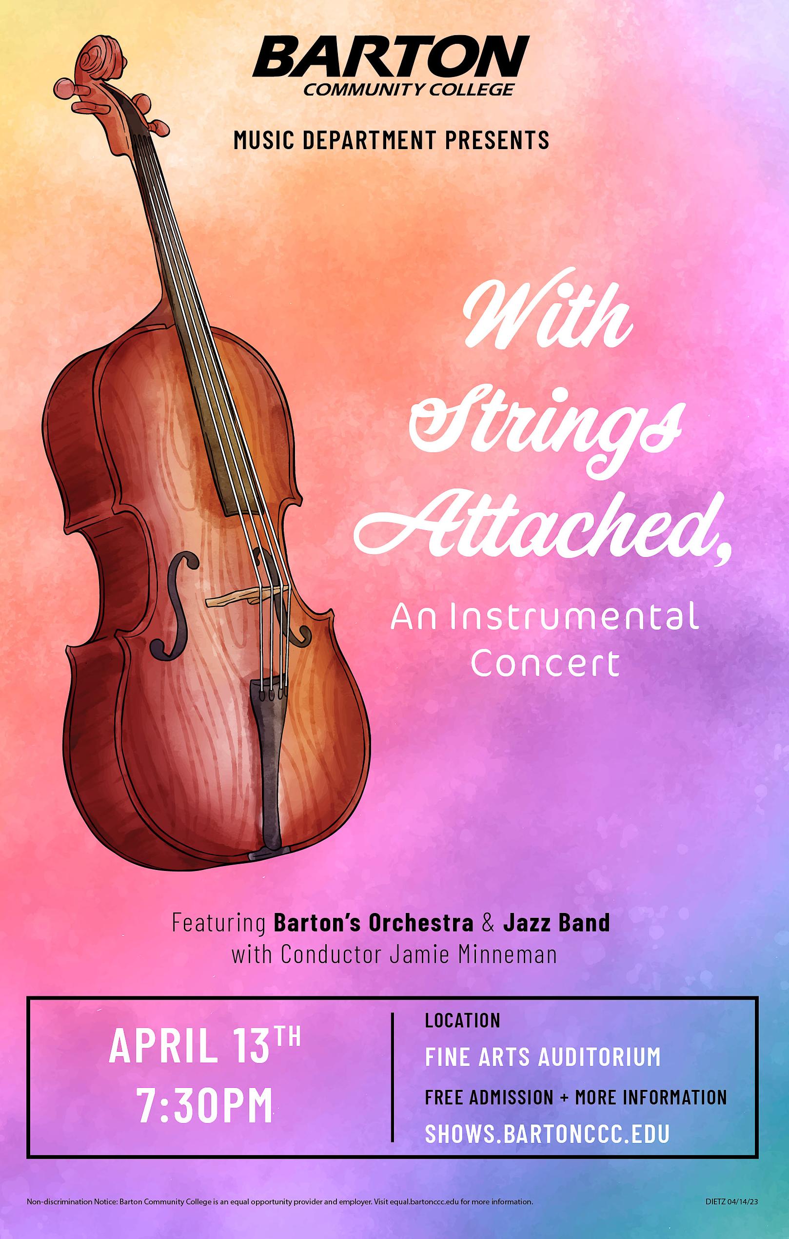 brightly colored event poster with a cello on it