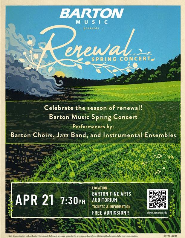 spring themed poster with green field of musical notes and blue sky