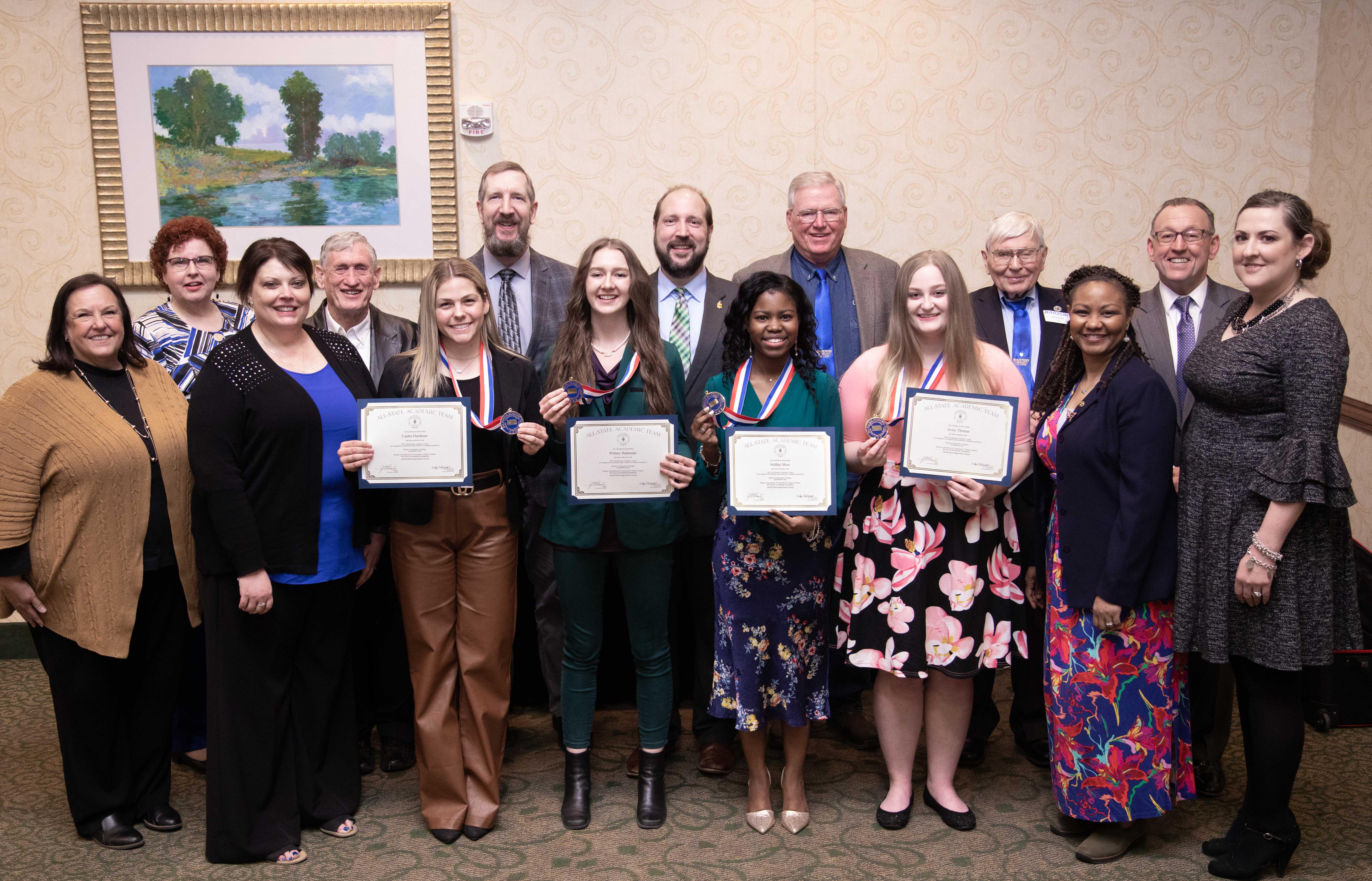 Attendees of the Phi Theta Kappa (PTK) All-State Academic Team awards banquet were (front row, from left) Dean of Workforce Training and Community Education Kathy Kottas, Business Instructor Kathy Boeger; PTK All-State Academic Team inductees Caiden Duerksen of Wichita, Wittney Hammeke of Ellinwood, NaMari Moss of Syracuse, NY, and Avrey Thoman of Manhattan; Director of Learning Services at Barton Fort Leavenworth Erika Jenkins-Moss, and Director of Fort Riley Academic Programs at Barton Fort Riley Janet Ba