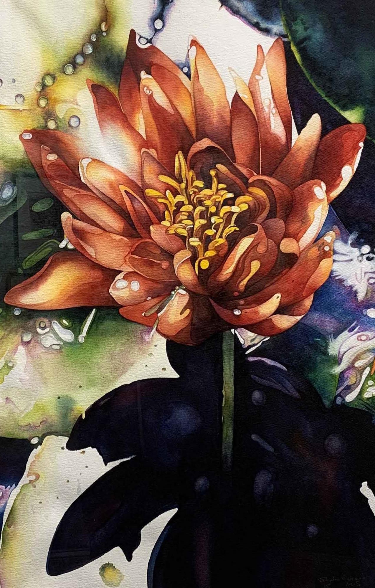 Water color painting of a flower in a koi pond