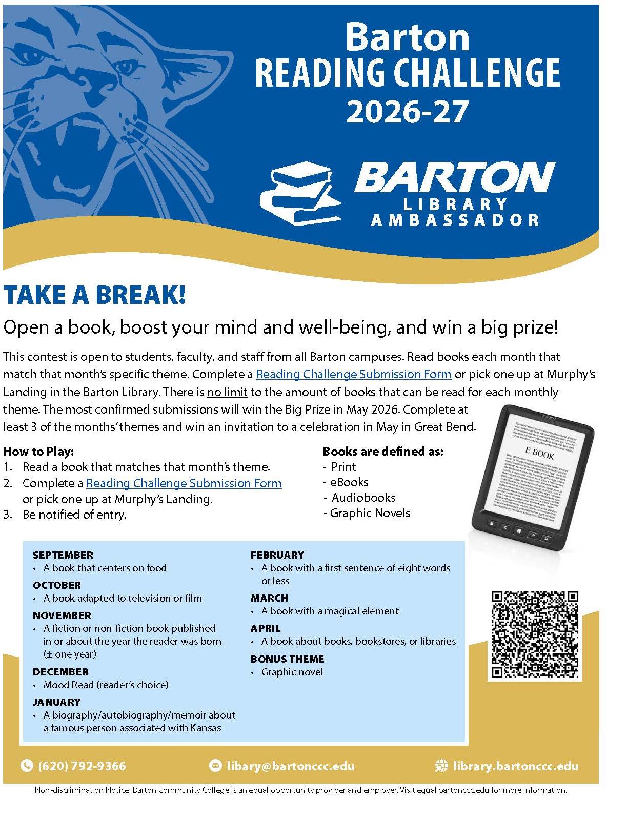 flier for a reading challenge with a bunch of words and a small picture of an e reader