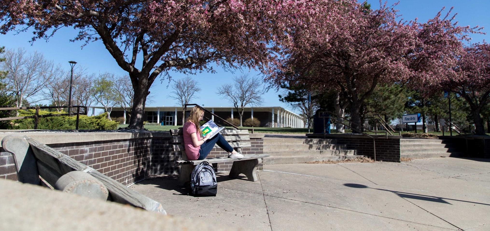 A student reads a book on campus