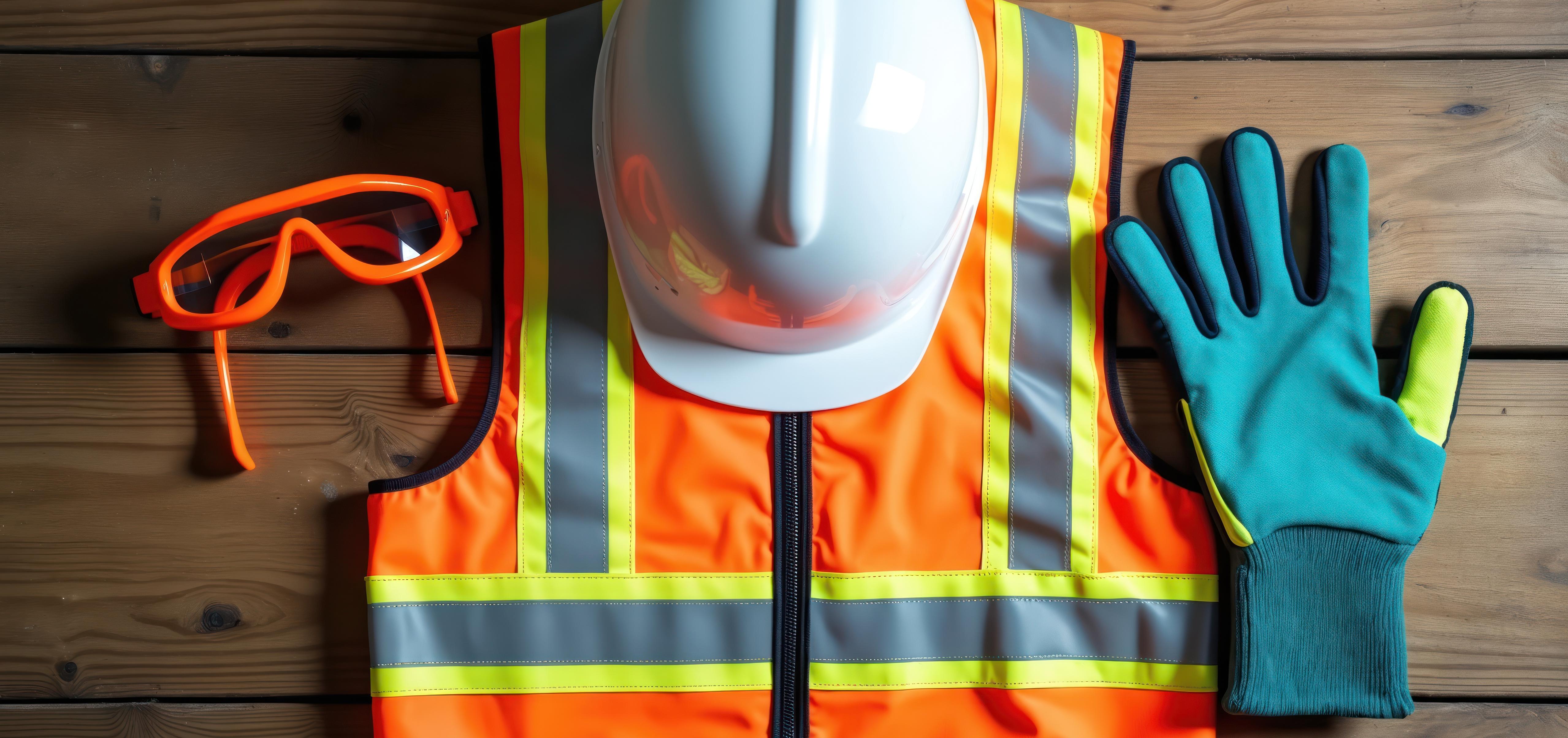 Safety goggles, hard hat and gloves